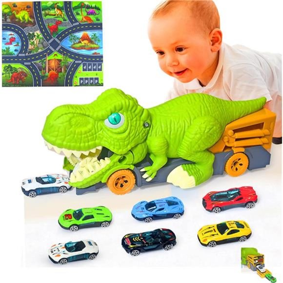 Dinosaur Transport Truck Toys for 3-5 Years，8 in 1 Dino Carrier Vehicle Trucks - Picture 1 of 6